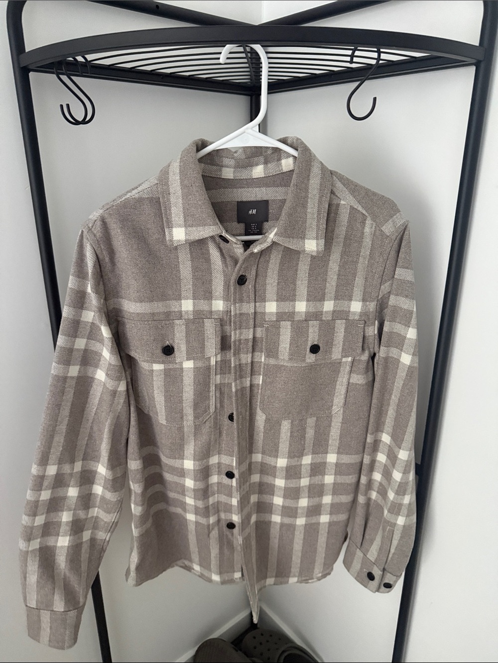 H&M Men's Taupe and Cream Plaid Shirt Jacket